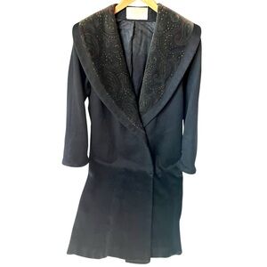 Vintage Andrea 1980 Black Wool Velvet Paisley Shawl Long Coat Union Made Size 4
